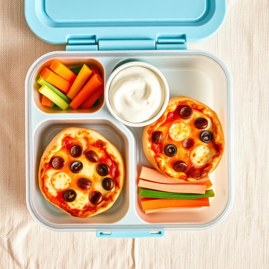 Thursday sample Yuminas lunch: Mini Homemade Pizza, Vegetable Sticks, Greek Yogurt