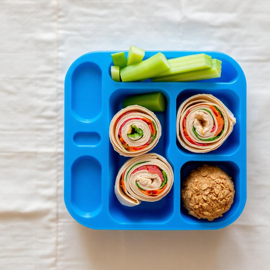 Tuesday sample Yuminas lunch: Mini Chicken Wraps, Cucumber Sticks, Homemade Oat Bite
